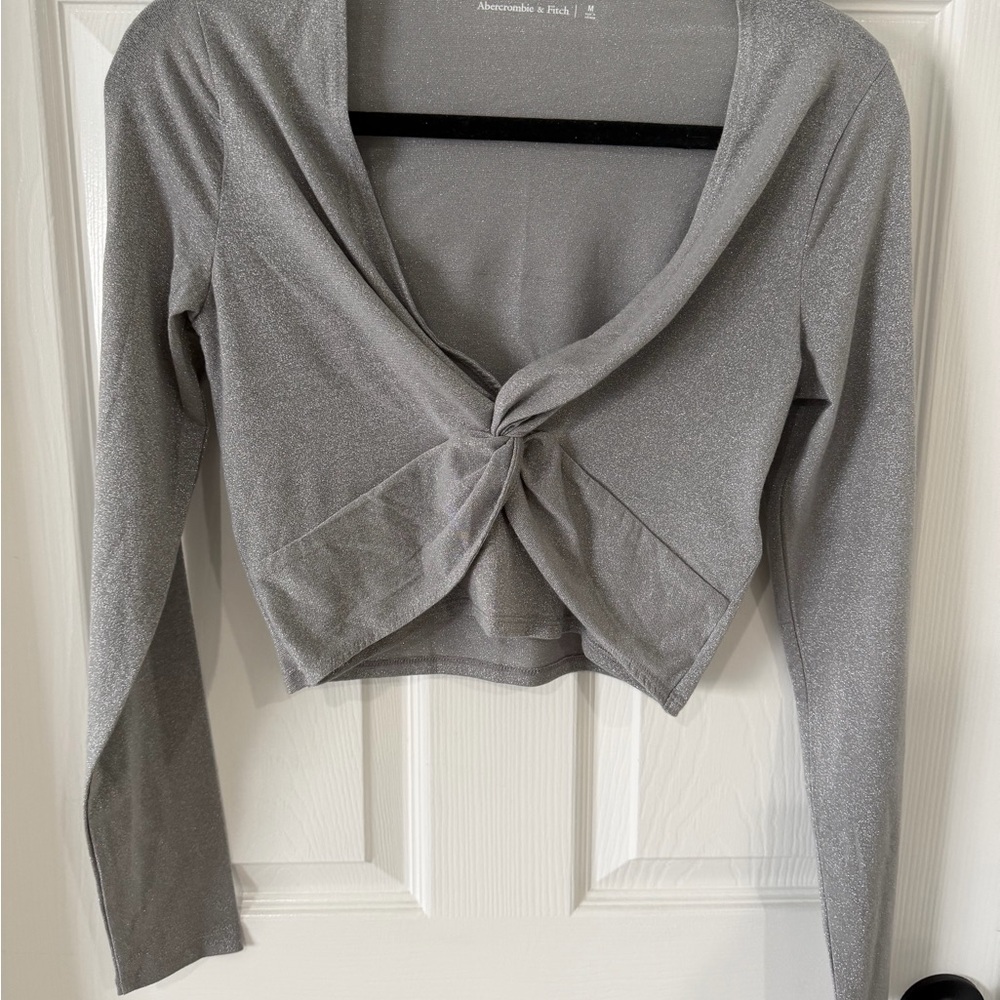 Abercrombie Silver Shimmer Long Sleeve Twist Front Crop Top
